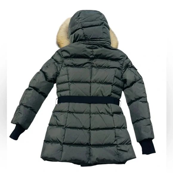 SAM.***Long Olive Green Belt Puffer Jacket Hooded w/Fur Trim***Size 10 $495 EUC - Picture 6 of 9